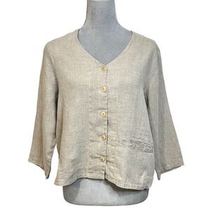 FLAX Women's Beige Linen Boxy Button-Up Top Jacket S 3/4 Sleeve